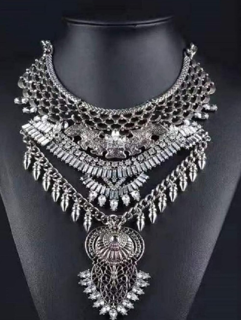 Gothic Boho Tribal Silver Statement Bib Necklace - Rhinestone & Bats